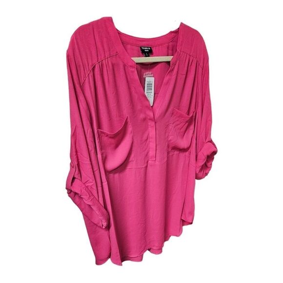 3XTORRID Plus Size Harper Georgette Pink Peacock Pullover 3/4 Sleeve Blouse - Picture 5 of 16